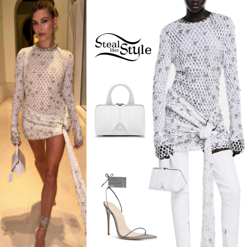 Hailey Baldwin: Crochet White Dress, Gray Shoes

+2023