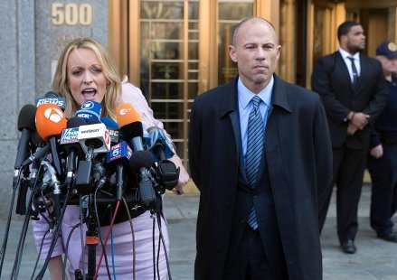 Stormy Daniels, Michael Avenatti.  Adult film actress Stormy Daniels, left, speaks while her attorney Michael Avenatti listens in federal court in New York.  Trump Russia Rehearsal, New York, USA - April 16, 2018