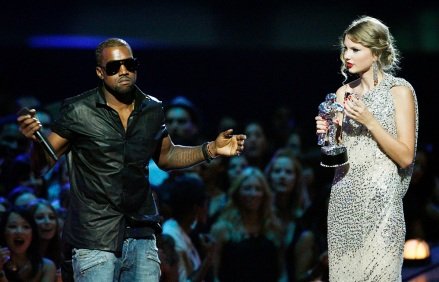 Singer Kanye West takes the mic from singer Taylor Swift as she accepts this "Best Female Video" Honored at the MTV Video Music Awards in New York.  Swift may have ended her feud with Katy Perry, but her feud with Kanye West just doesn't seem to want to die.  New leaked video clip of the entire four-year-old phone call between the rapper and pop superstar about his controversial song "Famous" have been posted online, complicating the picture of what happened.  Kanye West Taylor Swift, New York, United States – September 13, 2009