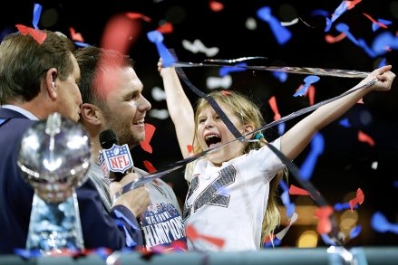 Tom Brady of the New England Patriots celebrates with his daughter Vivian after the NFL Super Bowl 53 football game against the Los Angeles Rams in Atlanta.  The Patriots won 13-3 Patriots Rams Super Bowl Football, Atlanta, USA - February 03, 2019