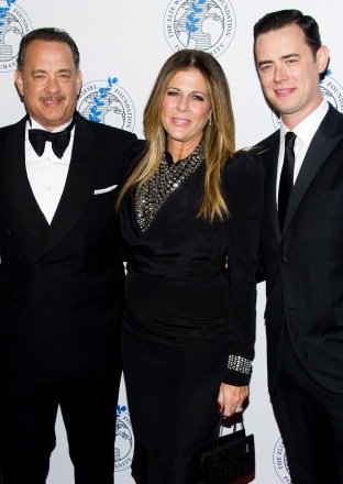 Honoree Tom Hanks, left, Rita Wilson and Colin Hanks attend the Elie Wiesel Foundation For Humanity's Arts for Humanity Gala at New York Arts for Humanity Gala, New York, USA